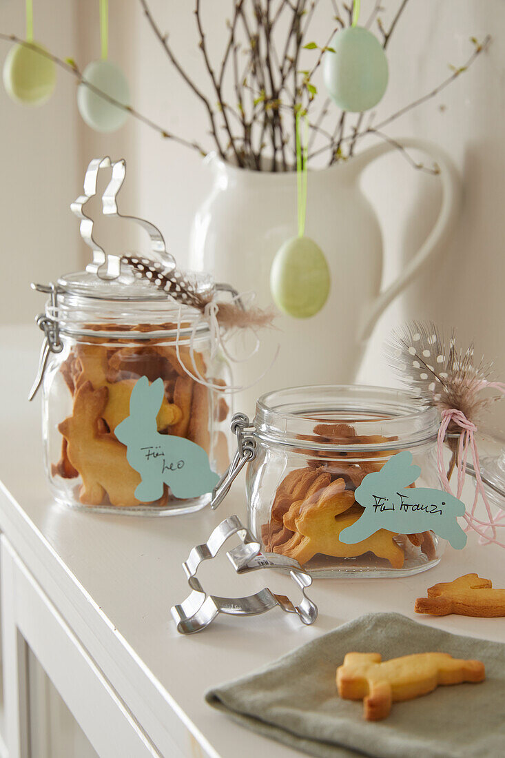 Easter decorations with cookie jars and bunny cookie cutter