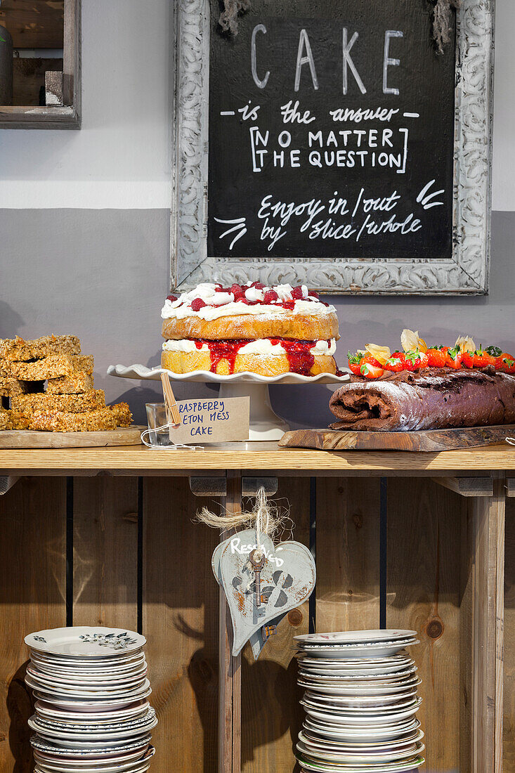 Selection of different cakes in the café