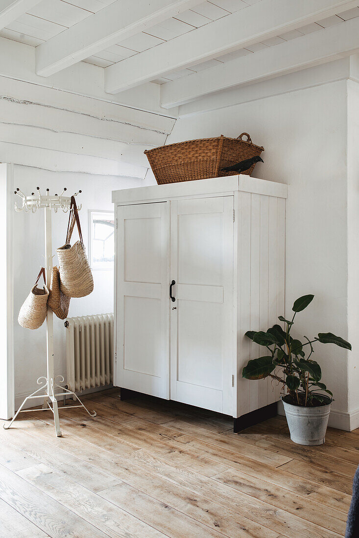 White hall cupboard with straw baskets and green plant in the bright hallway