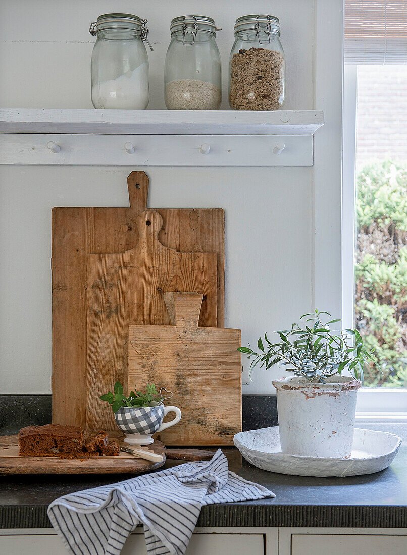 Holzschneidebretter, Kuchen und Pflanze auf Küchenarbeitsplatte vor Fenster