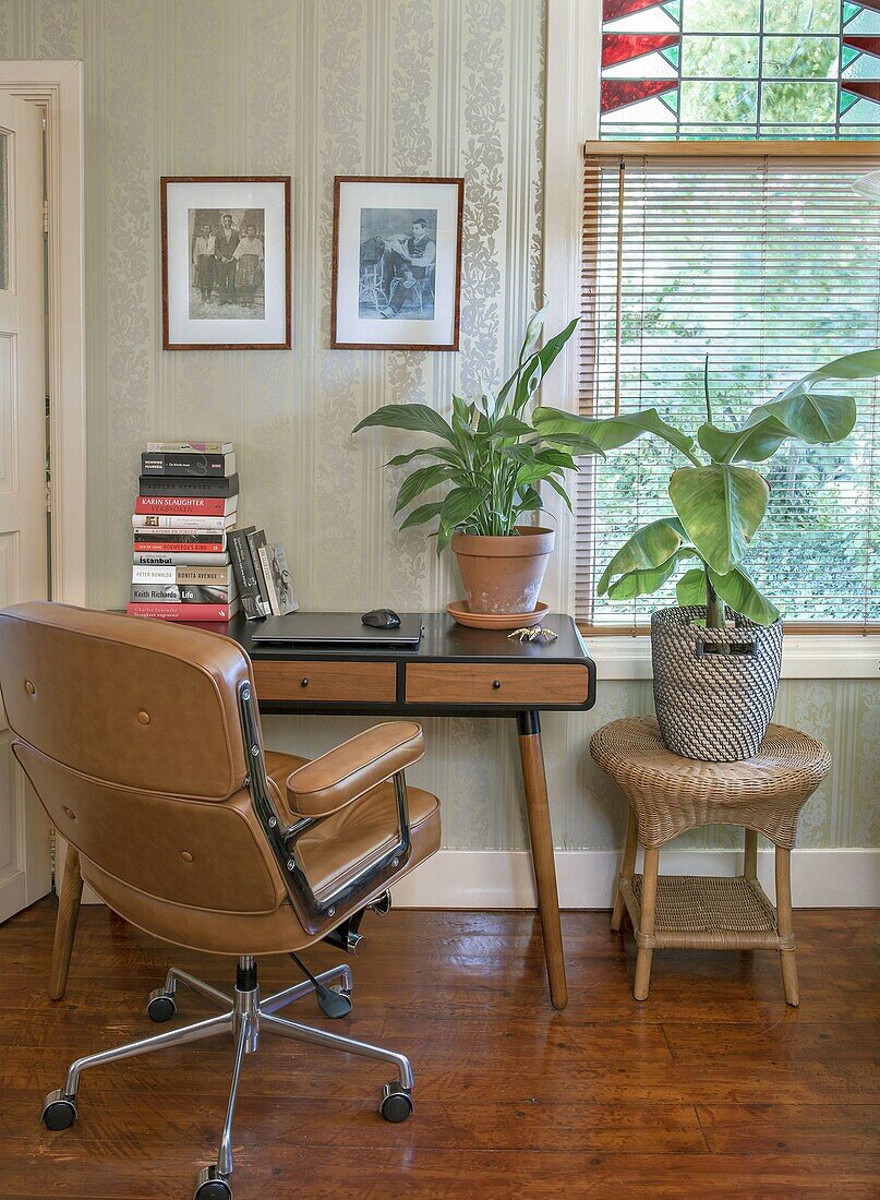 Study with desk, plants and leather chair