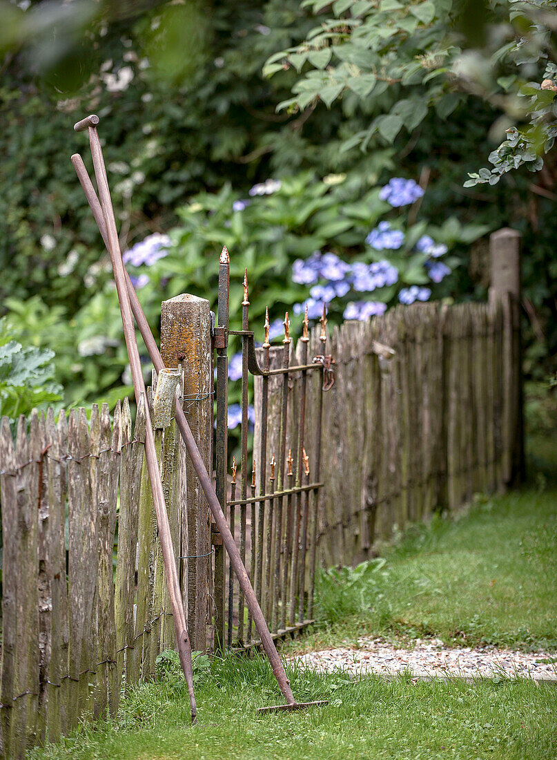 Old garden gate and iron tools