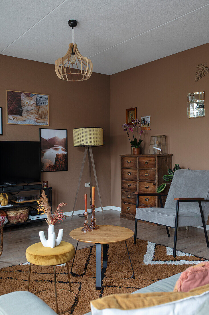 Living room with brown wall paint, wooden furniture and wall pictures