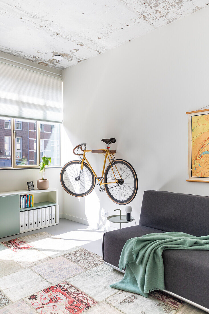 Bicycle on wall bracket, dark sofa and patterned carpet in light-colored room