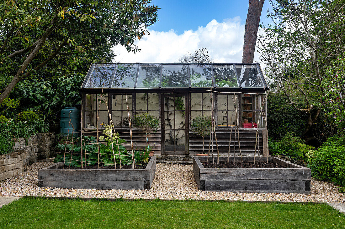 Raised beds and greenhouse in the garden with gravel path and lawn