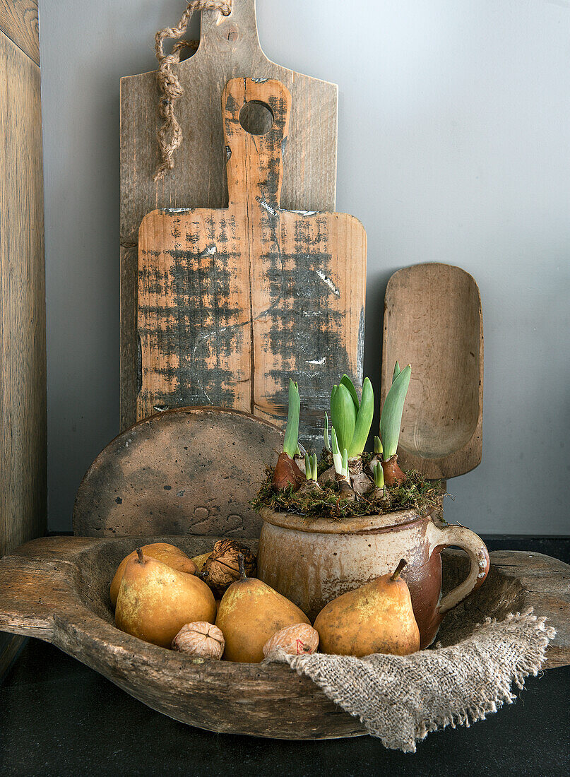 Wooden bowl with pears and pot with flower bulbs in front of rustic chopping boards