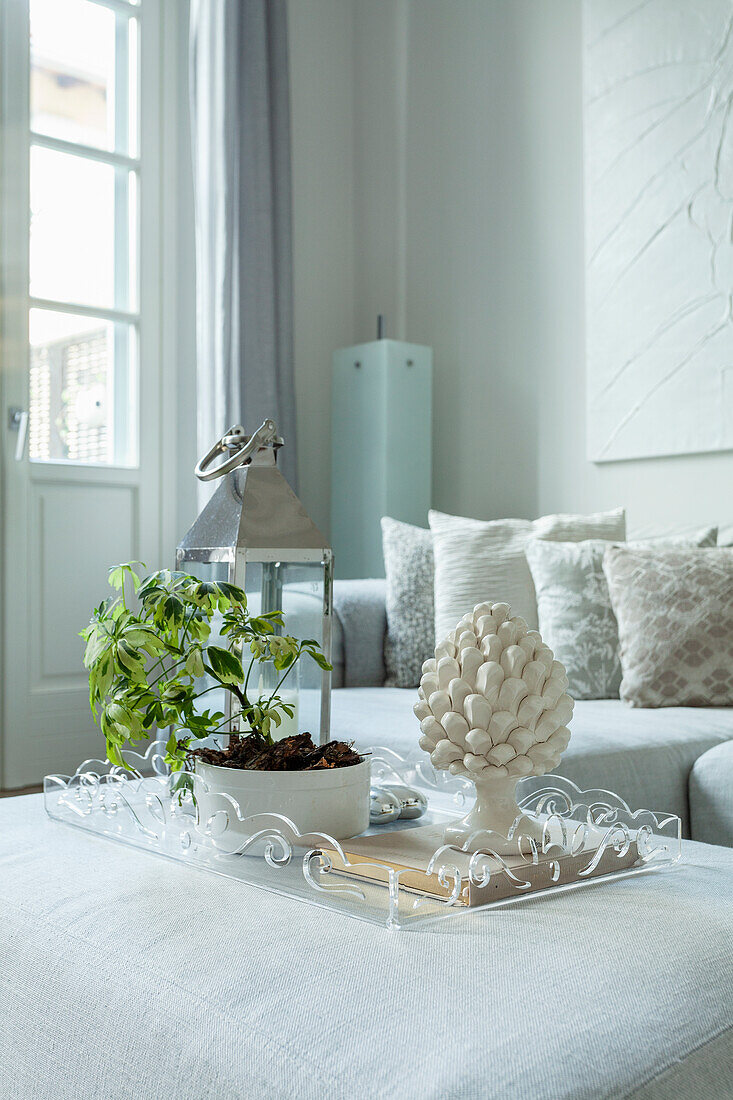 Bright living room detail with decorative lantern, plant and tree sculpture