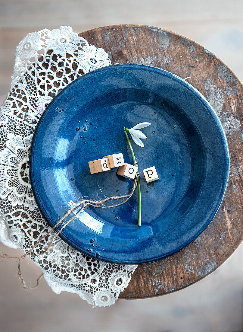 Blue ceramic bowl with snowdrops (Galanthus) and Scrabble letters on a wooden stool