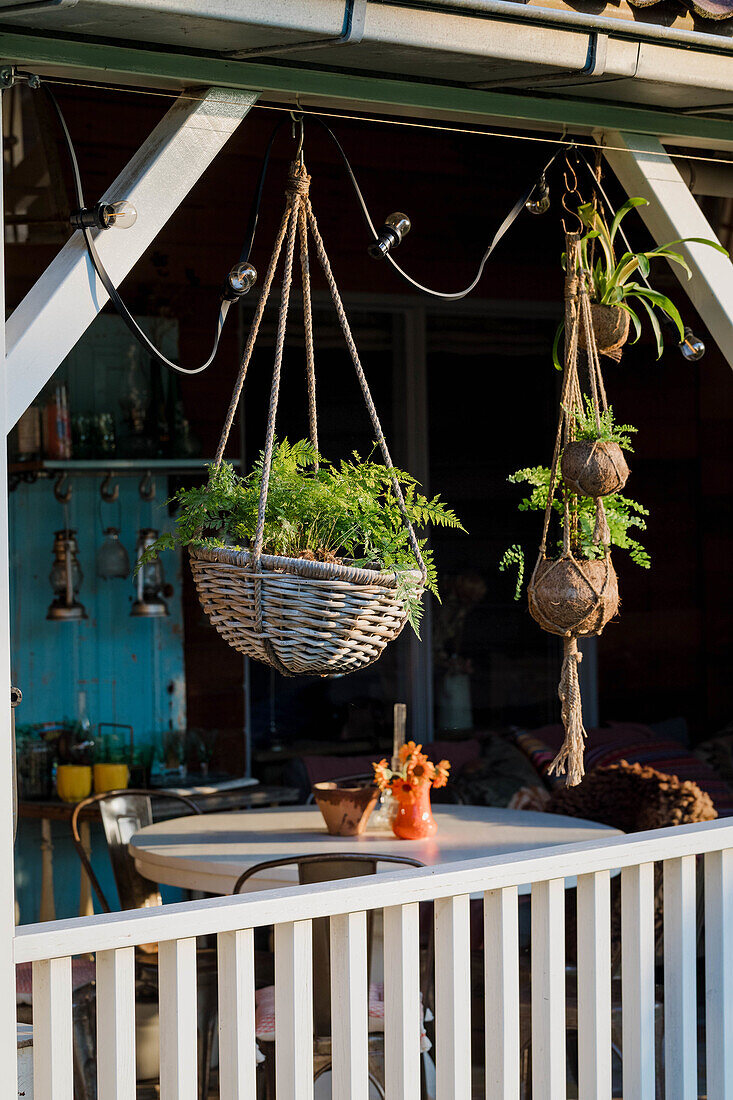 Hanging plant baskets on veranda next to wooden table and chairs