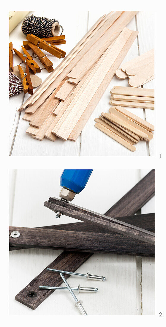 1. wooden materials and craft supplies for DIY project. 2. tools and materials for DIY project