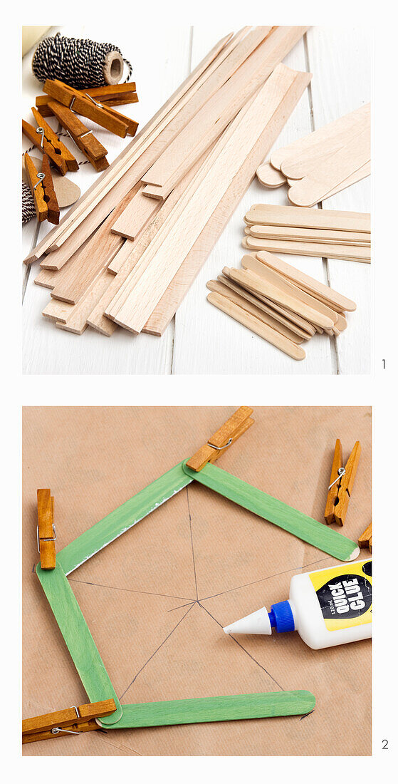 Wooden strips and popsicle sticks for DIY project preparation; frame construction with clothes pins and glue