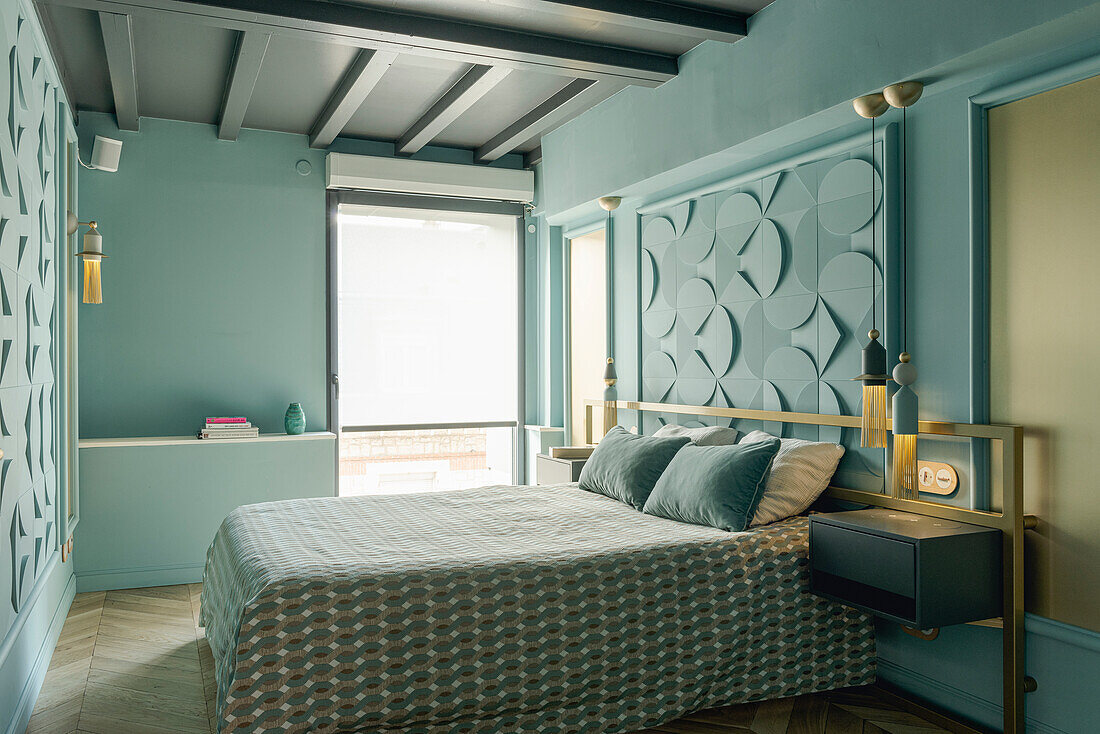 Bedroom in pastel blue with 3D wall panels