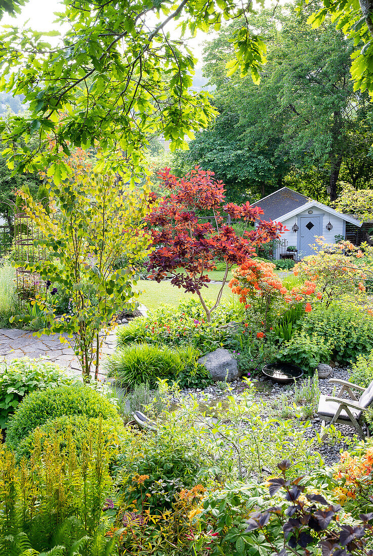 Bunter Sommergarten mit Gartenhaus und Steinweg