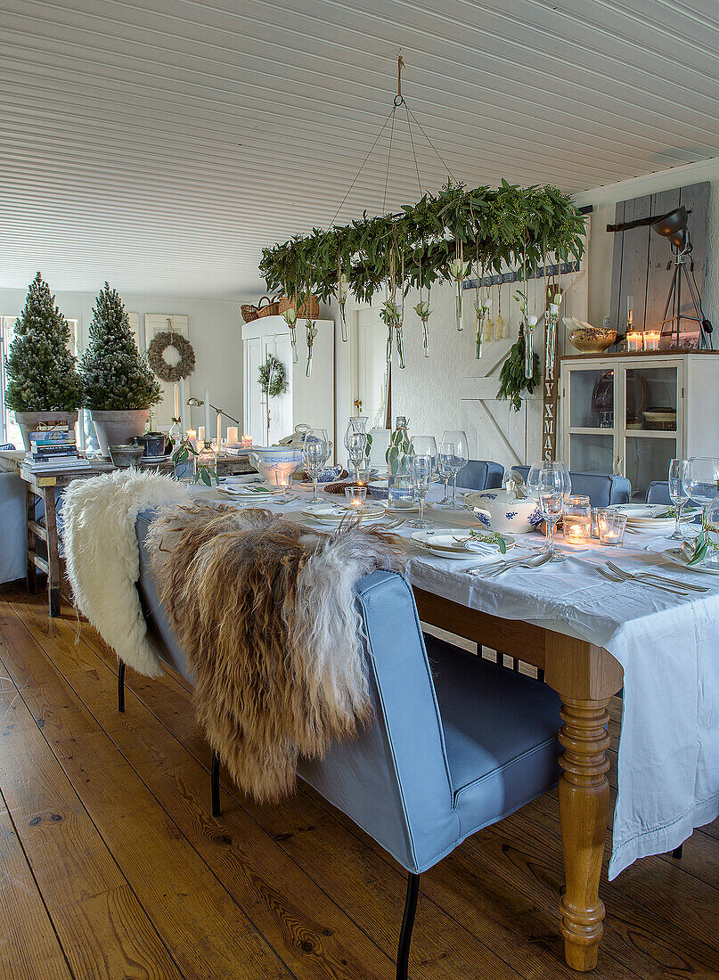 Festive dining table with skins and Christmas decorations