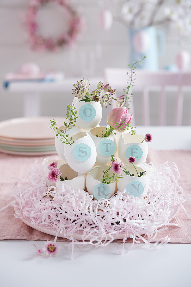 Homemade egg vase as an artistic table centrepiece