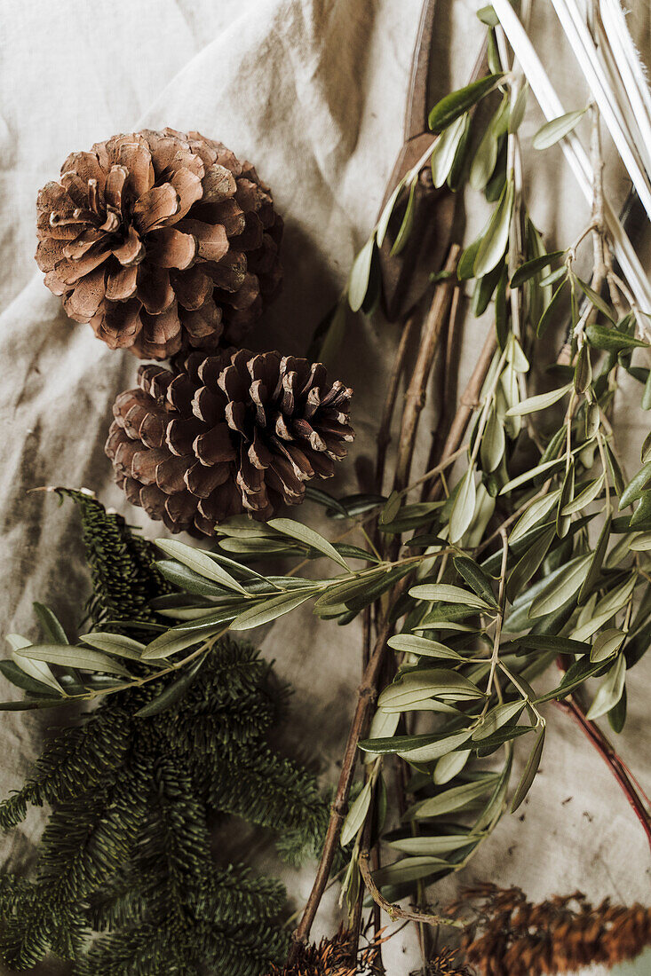 Pine cones and olive branches on linen cloth