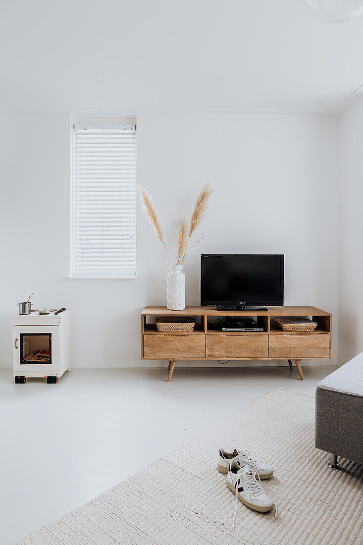 Modern living area with wooden TV cabinet and pampas grass decoration