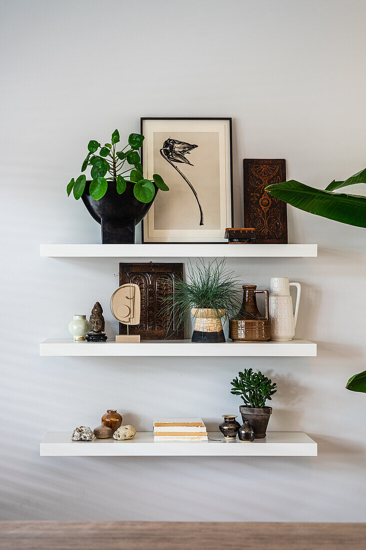 Wall shelves with plants, ceramics and framed artwork