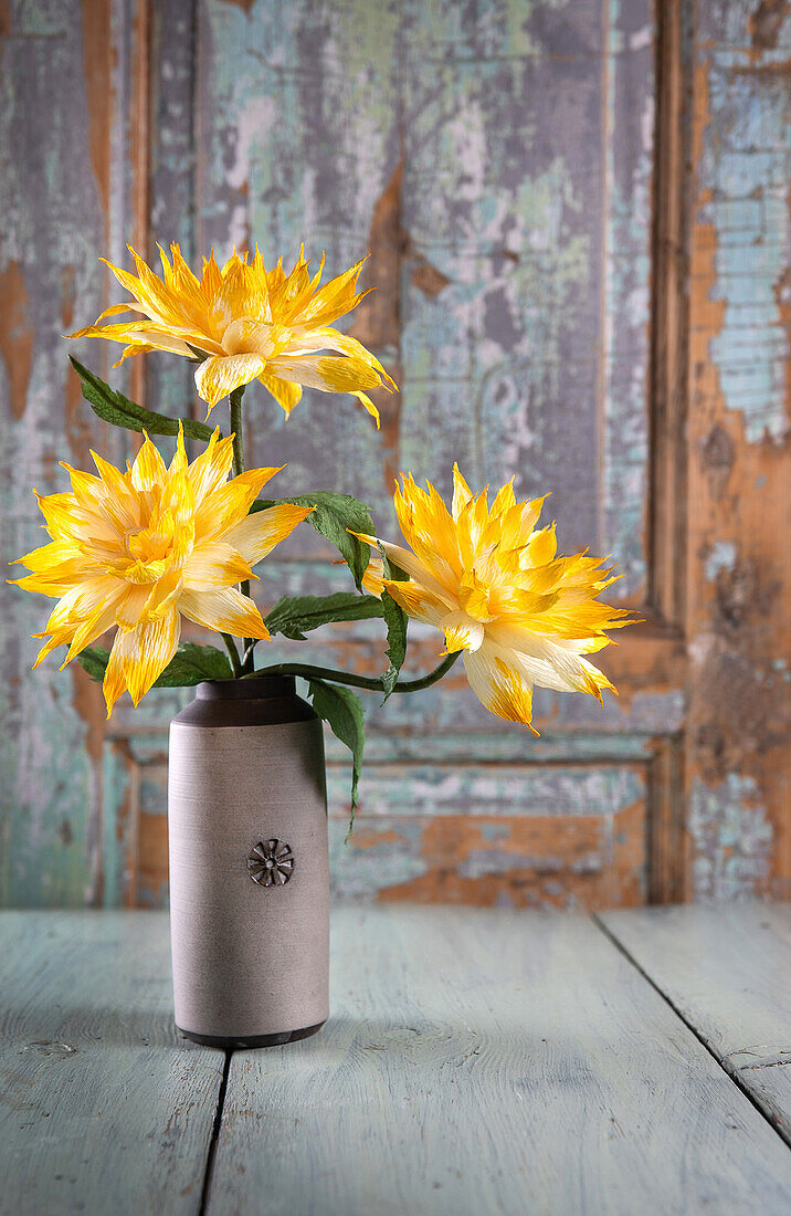 Three yellow dahlias in a vase in front of a weathered wooden wall