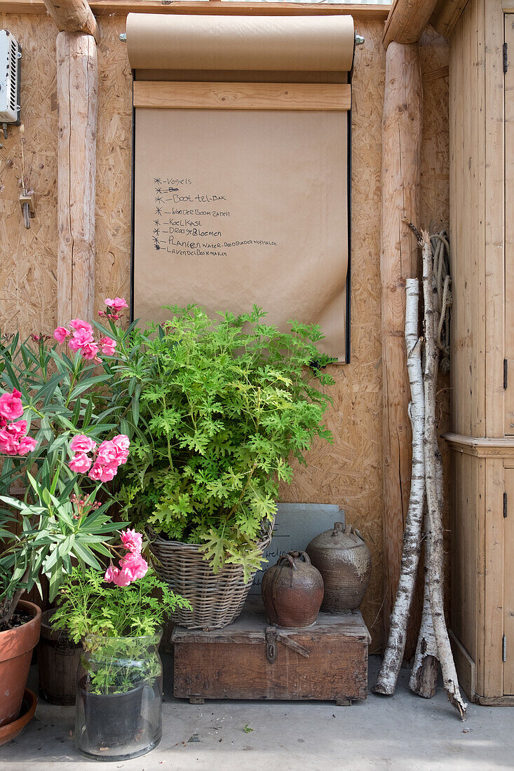 An der Wand befestigte Kraftpapierrolle, blühender Oleander und Pflanzen