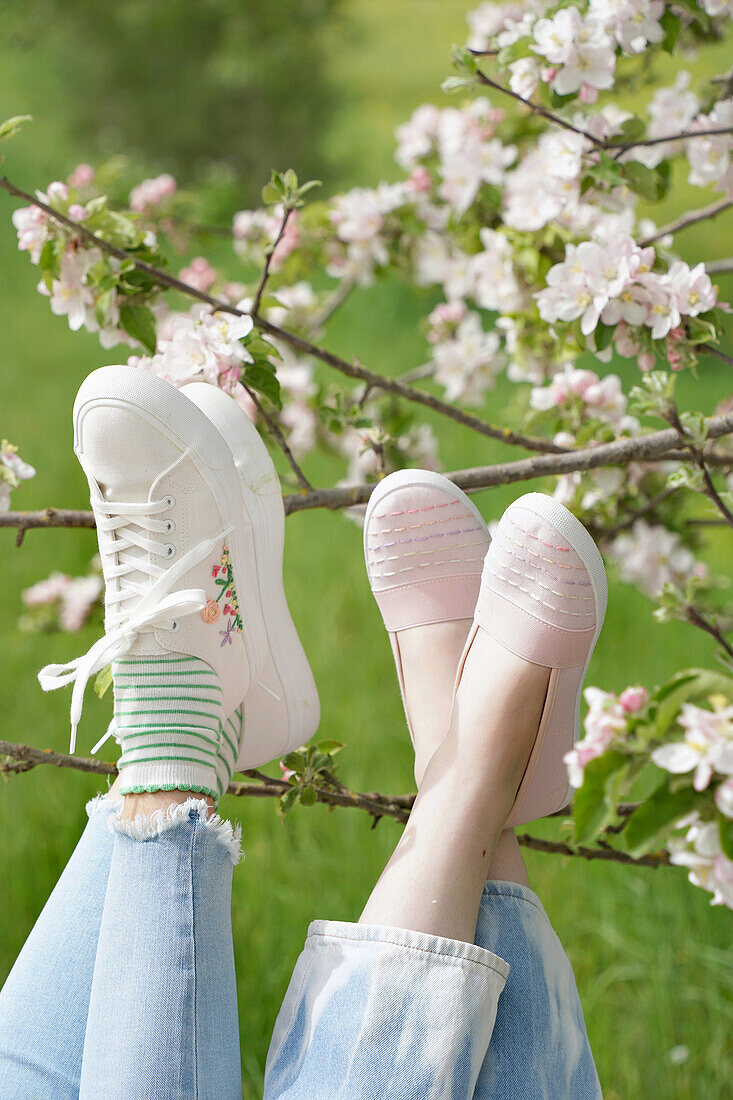 Legs in light-coloured jeans and white and pink shoes in front of a blossoming apple tree