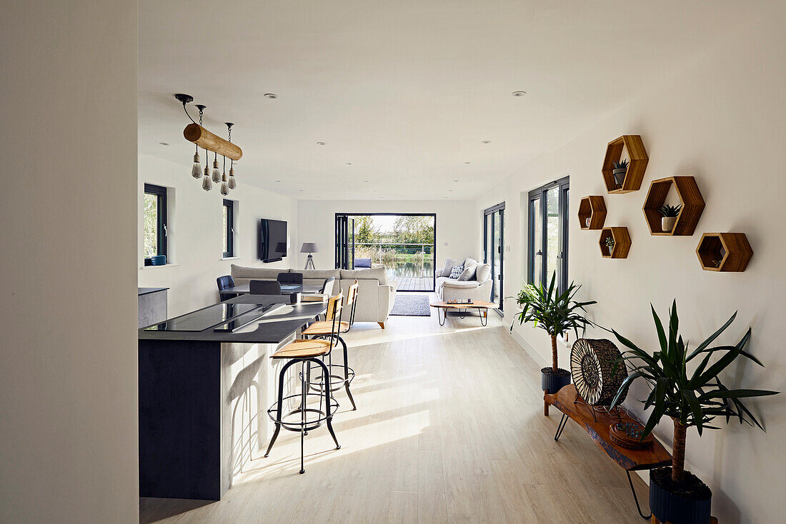 Open-plan living and dining area with kitchen, wooden elements and plants