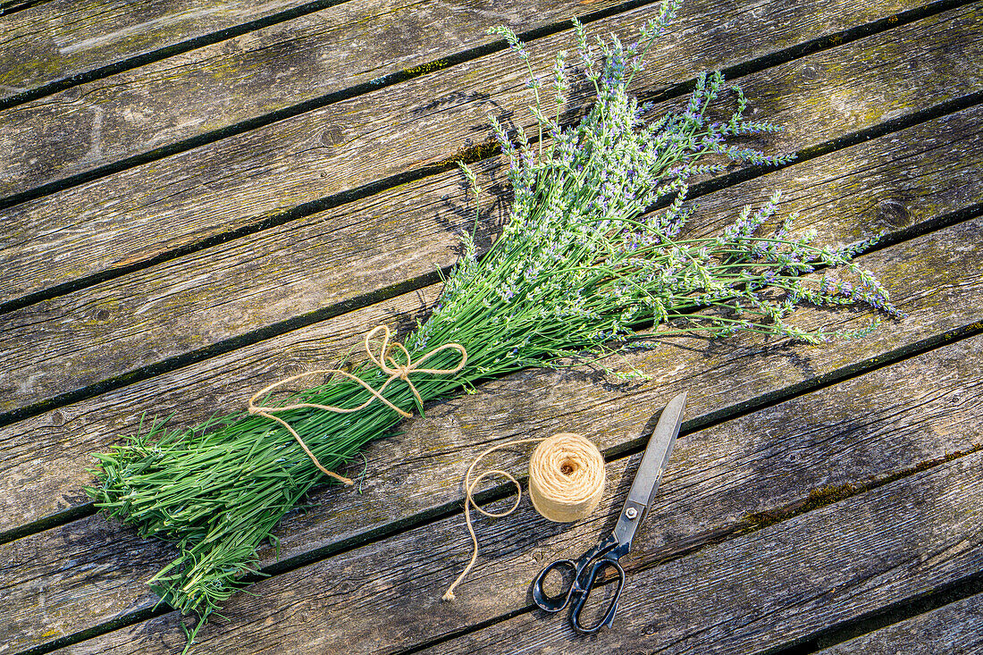 Bund Lavendelblüten (Lavandula) auf Holztisch