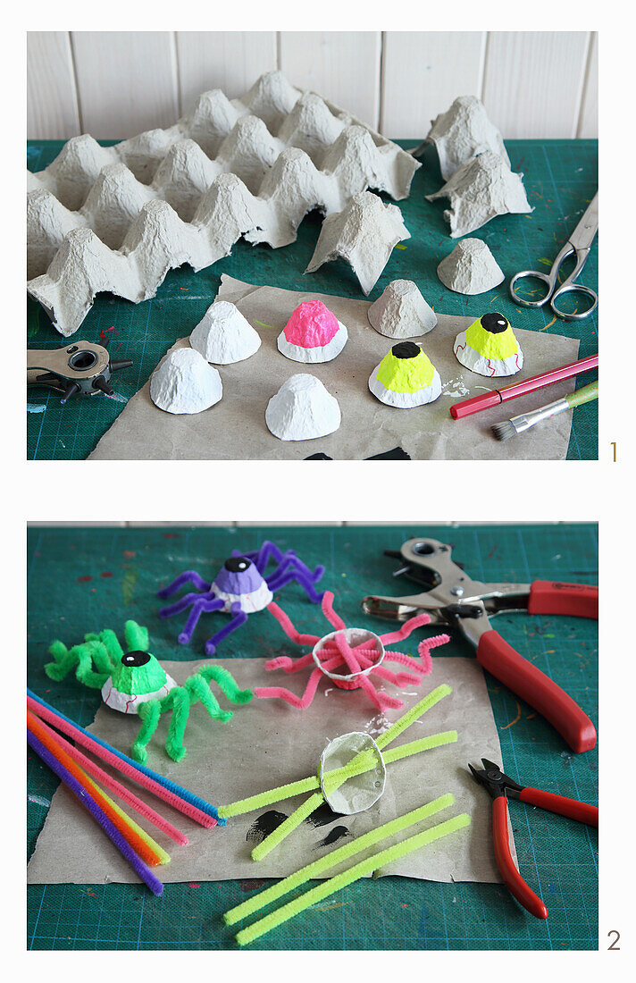 Craft Halloween spiders with egg carton, pipe cleaners and acrylic paint