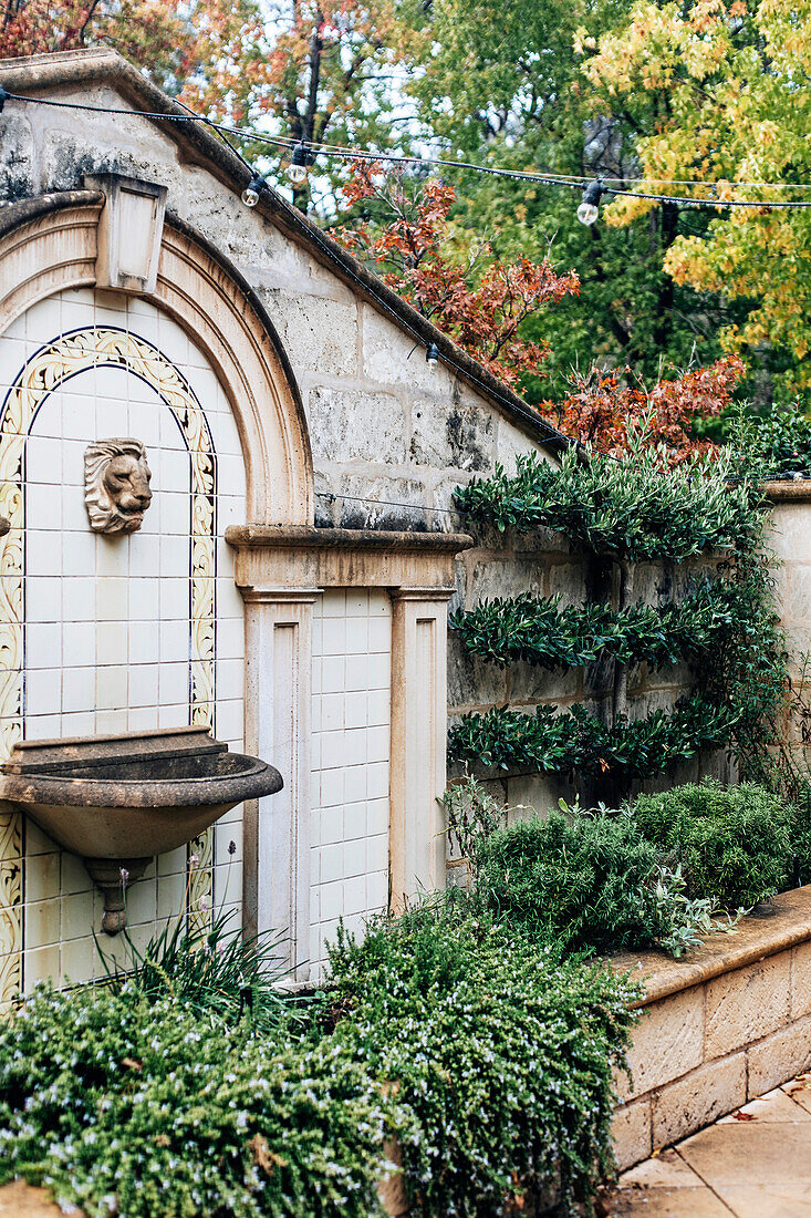 Steingarten mit Wandbrunnen und immergrünen Sträuchern