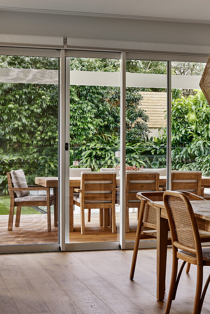 View of terrace with modern wooden furniture