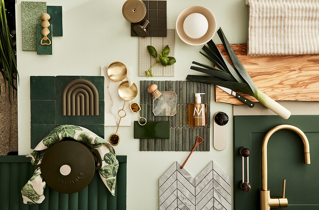 Moodboard for kitchen decor in green and brass, wooden chopping board with knife and leek