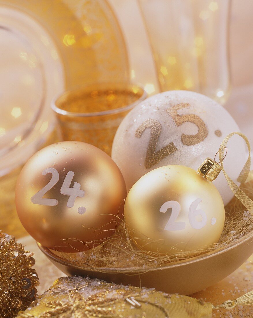 Christmas baubles with the dates; 24th, 25th and 26th