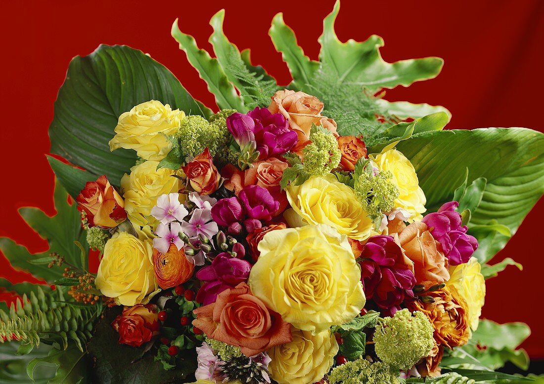 Colourful bouquet of roses and freesias