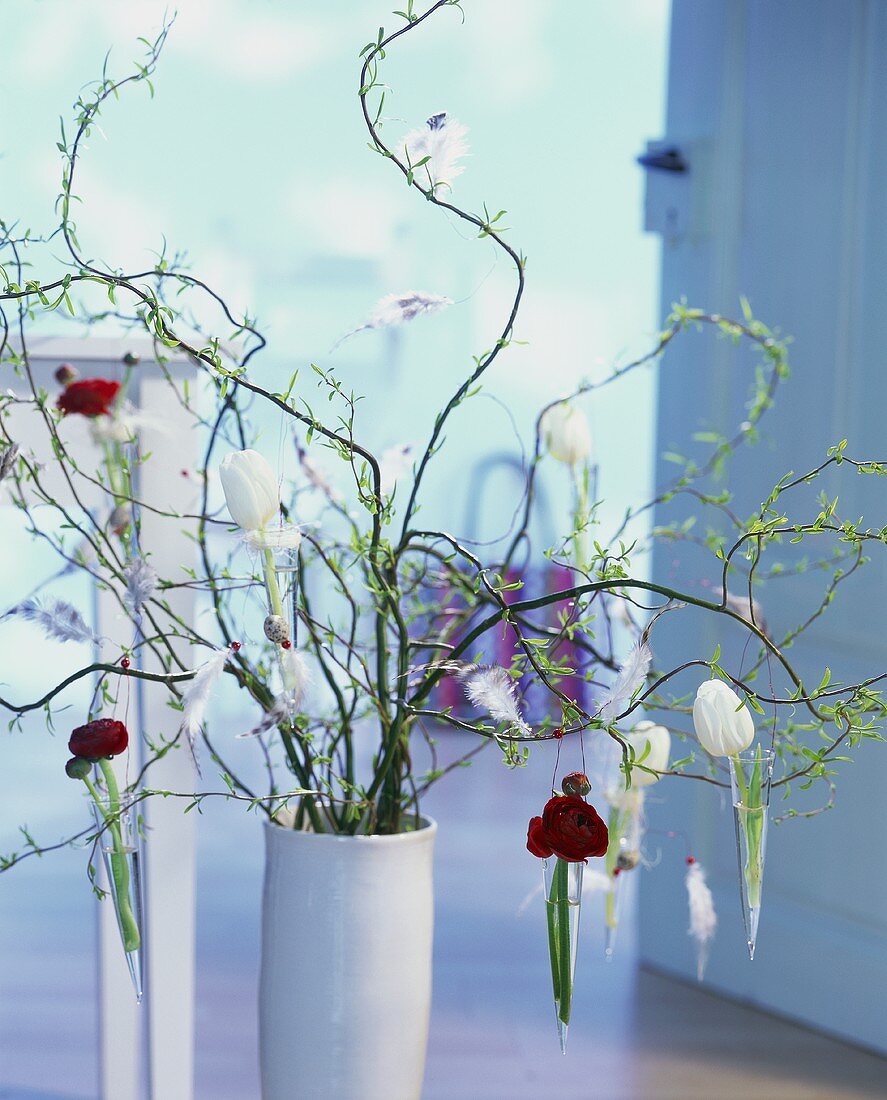 Ranunculuses and white tulips in hanging vases on Easter tree