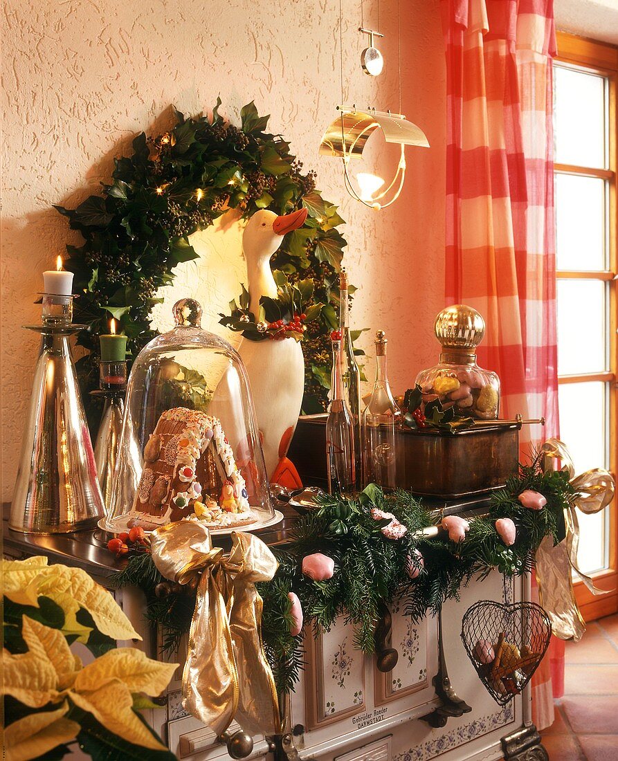 Old range, decorated for Christmas with twigs and sweets
