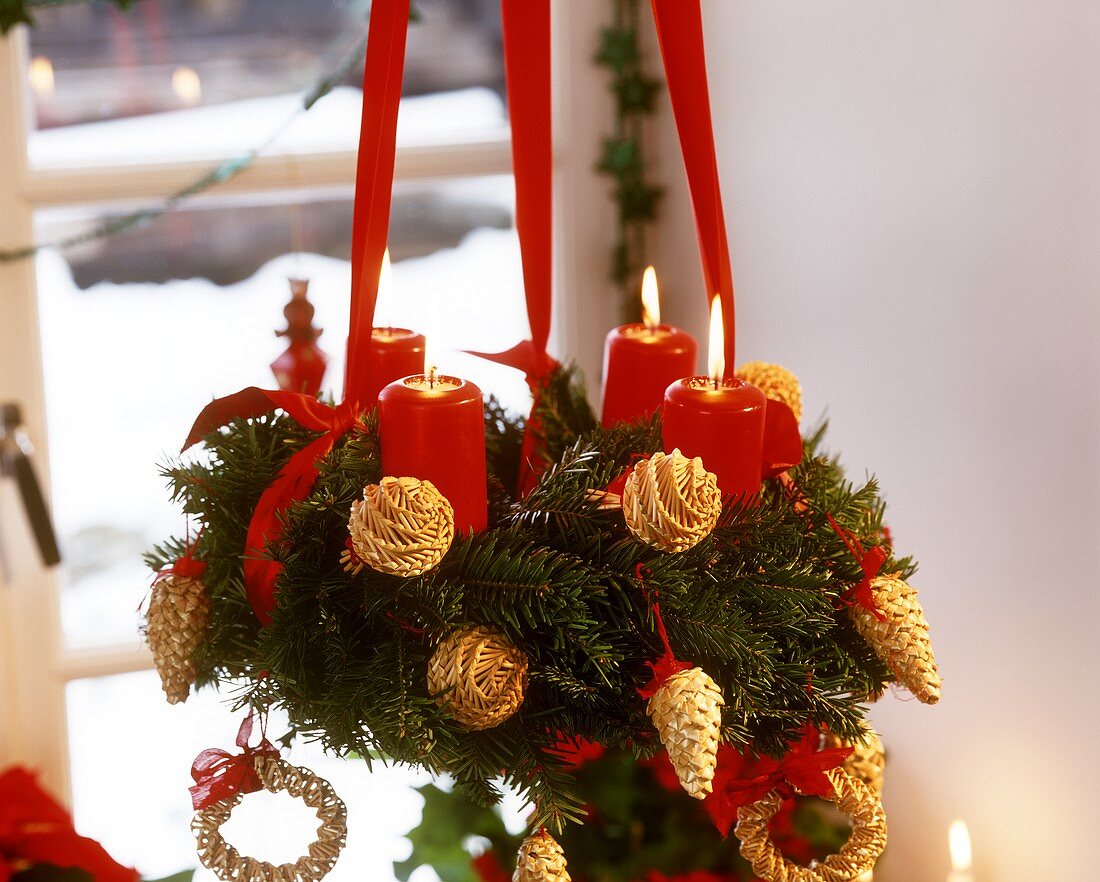 Hanging Advent wreath with red candles