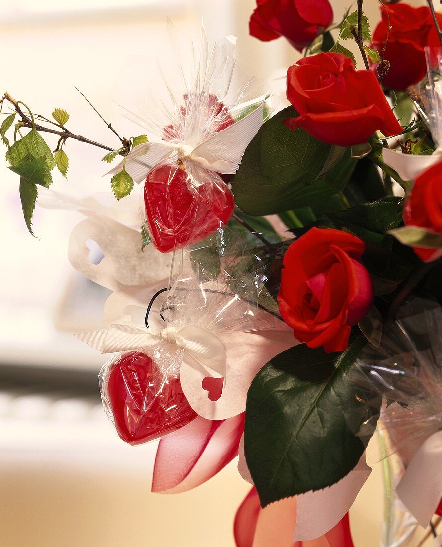 Bouquet of roses decorated with hearts (close-up)