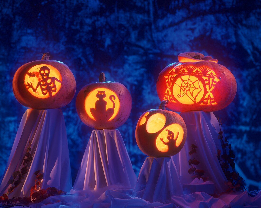 Four carved pumpkins with creepy motifs