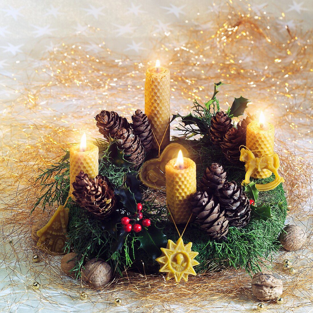 Advent wreath with fir cones and beeswax candles