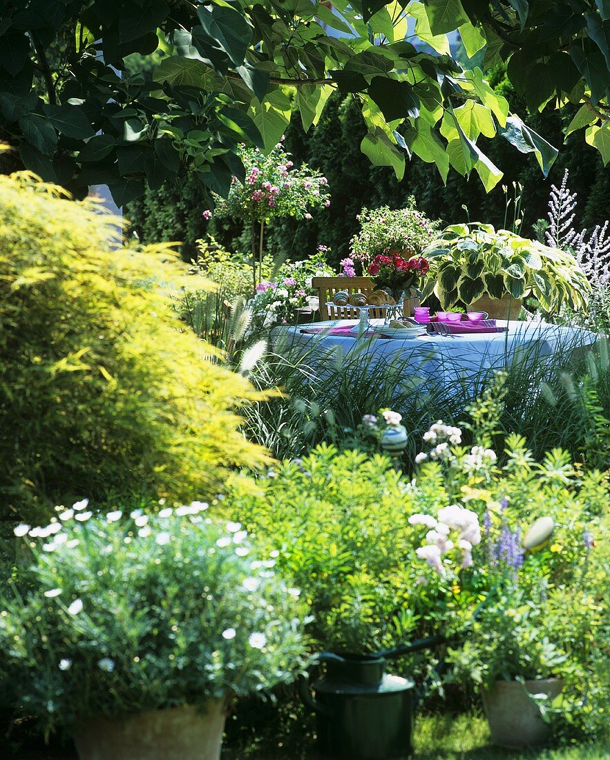 Table laid for breakfast or coffee in luxuriant garden