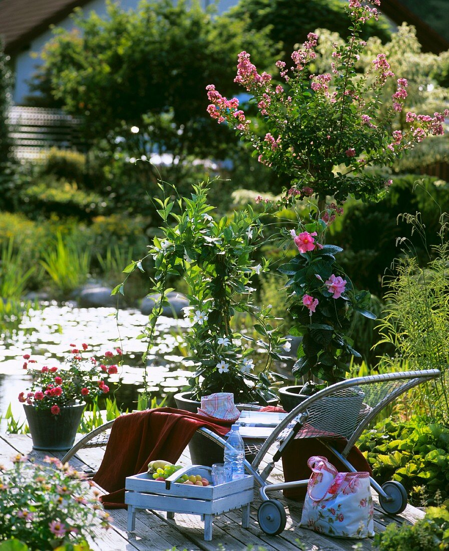 Liegestuhl auf idyllischer Terrasse am Gartenteich