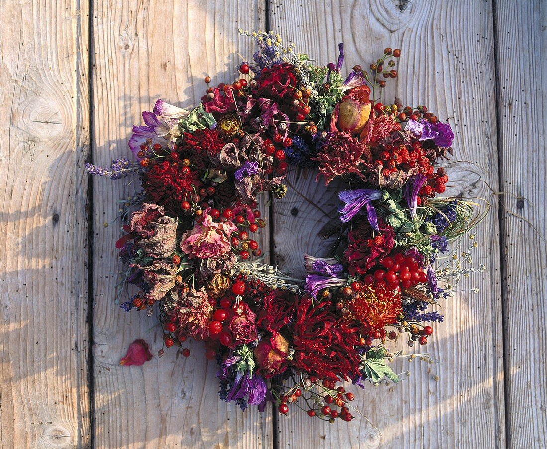 Wreath of dried flowers and rose hips