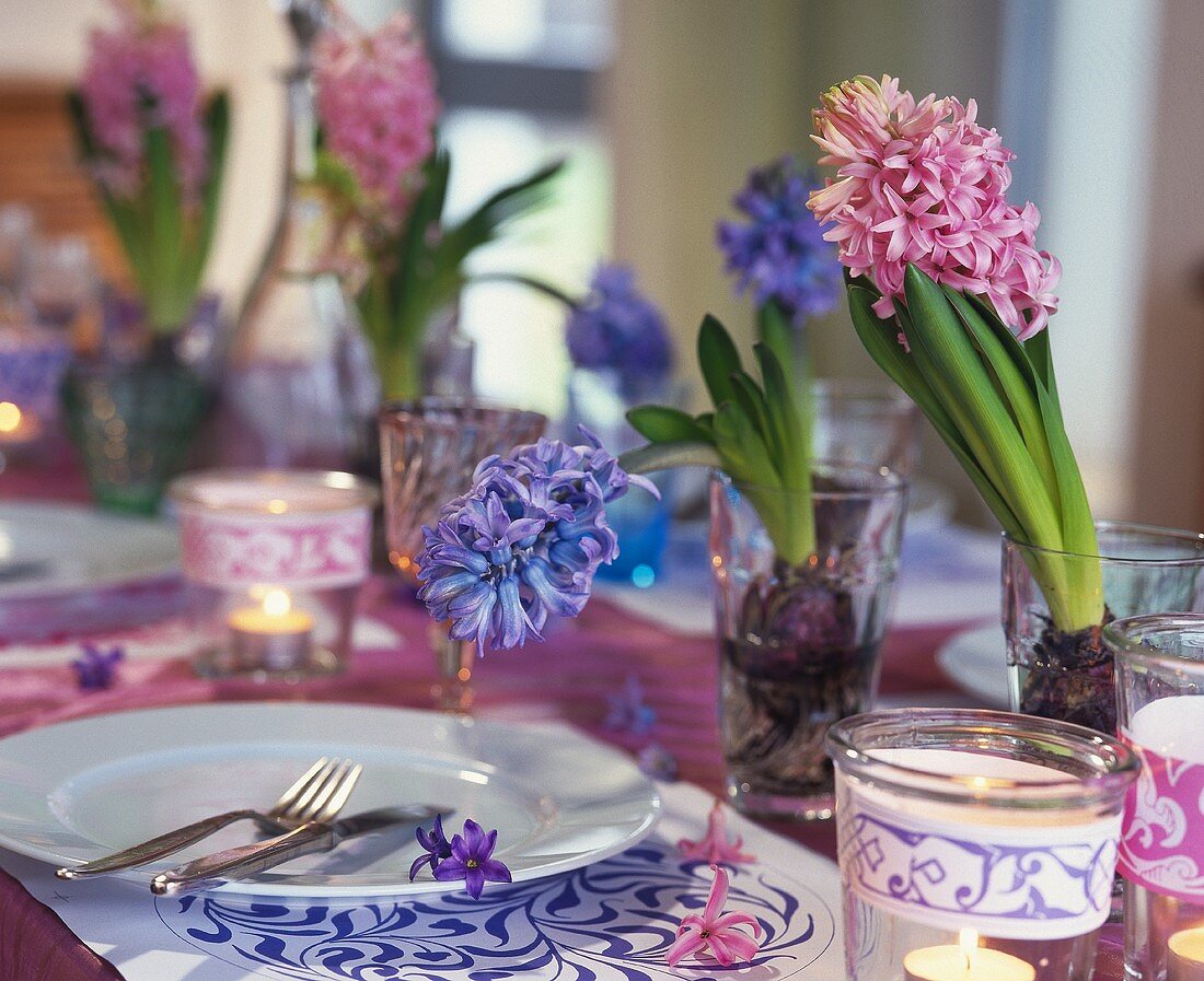 Frühlingshafte gedeckter Tisch mit Hyazinthen in Gläsern