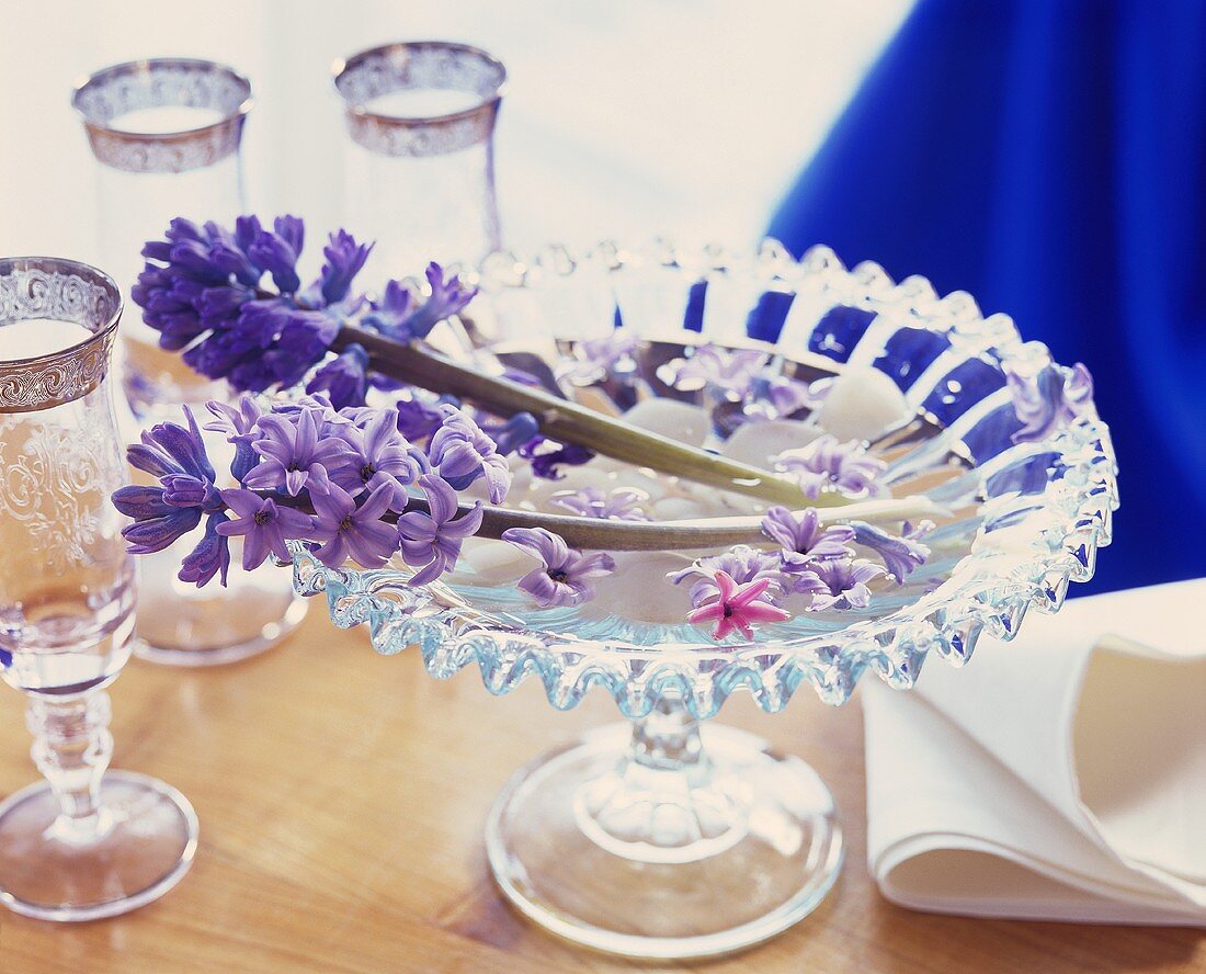 Fragrant hyacinths in a glass bowl