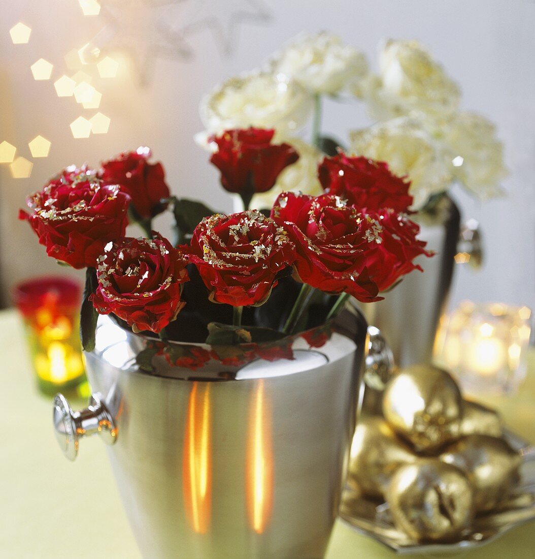 Gilded roses in a champagne bucket