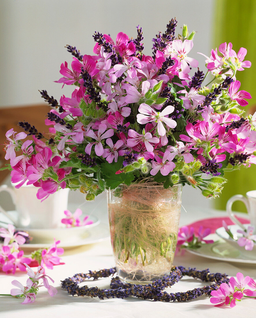 Various scented pelargoniums and lavender in a glass vase