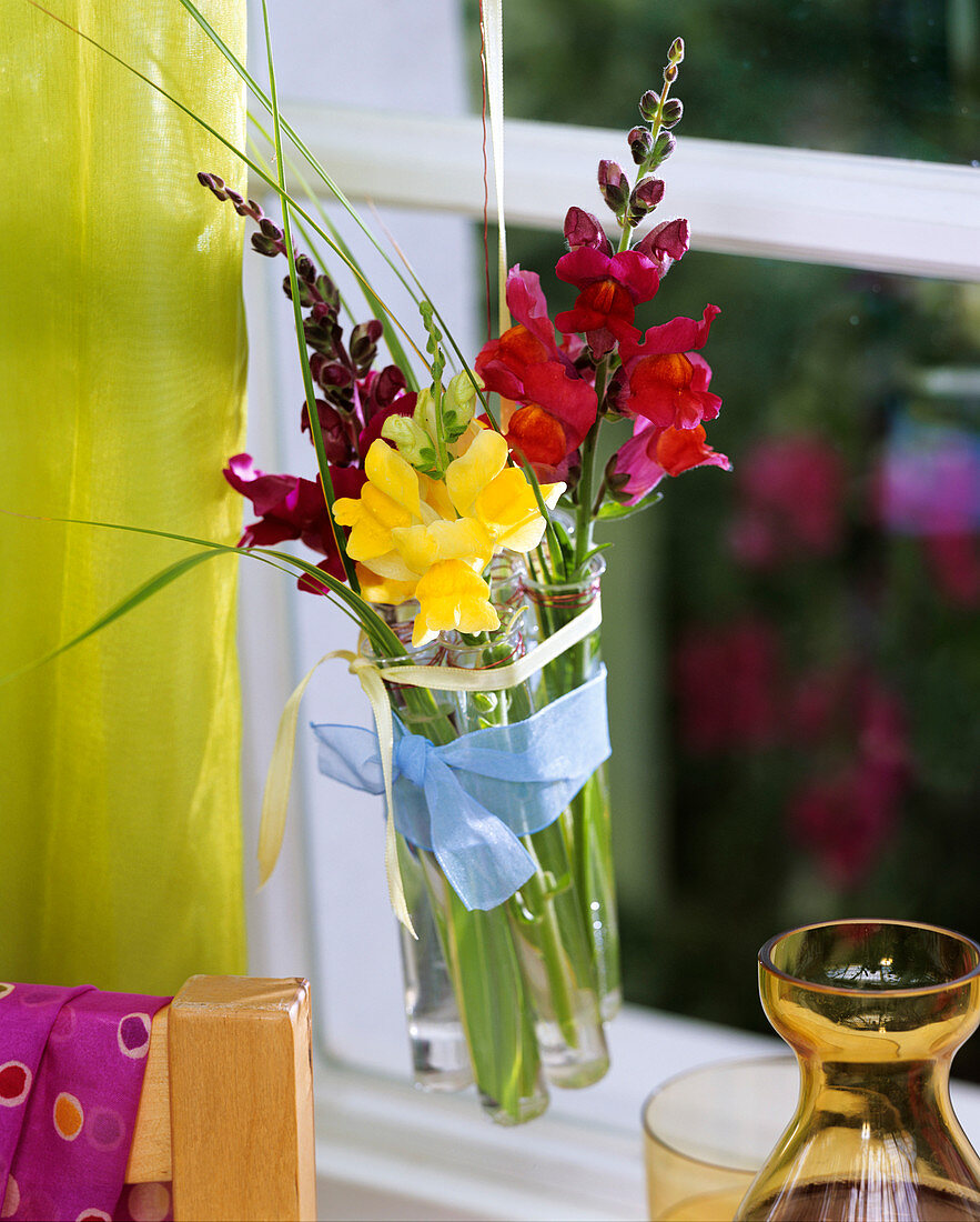 Hanging test tubes with yellow and red snapdragons