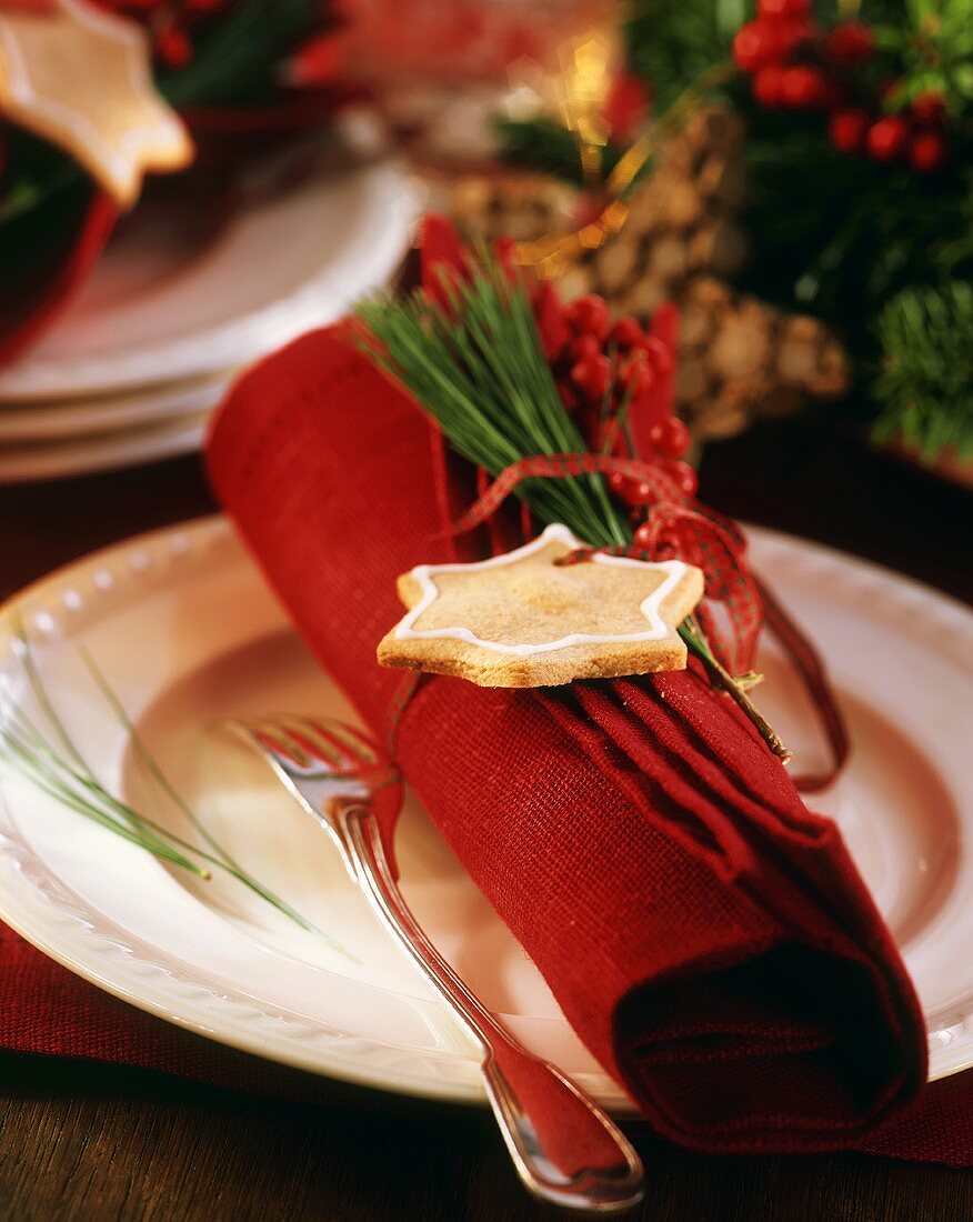 Red linen napkin with Christmas decoration