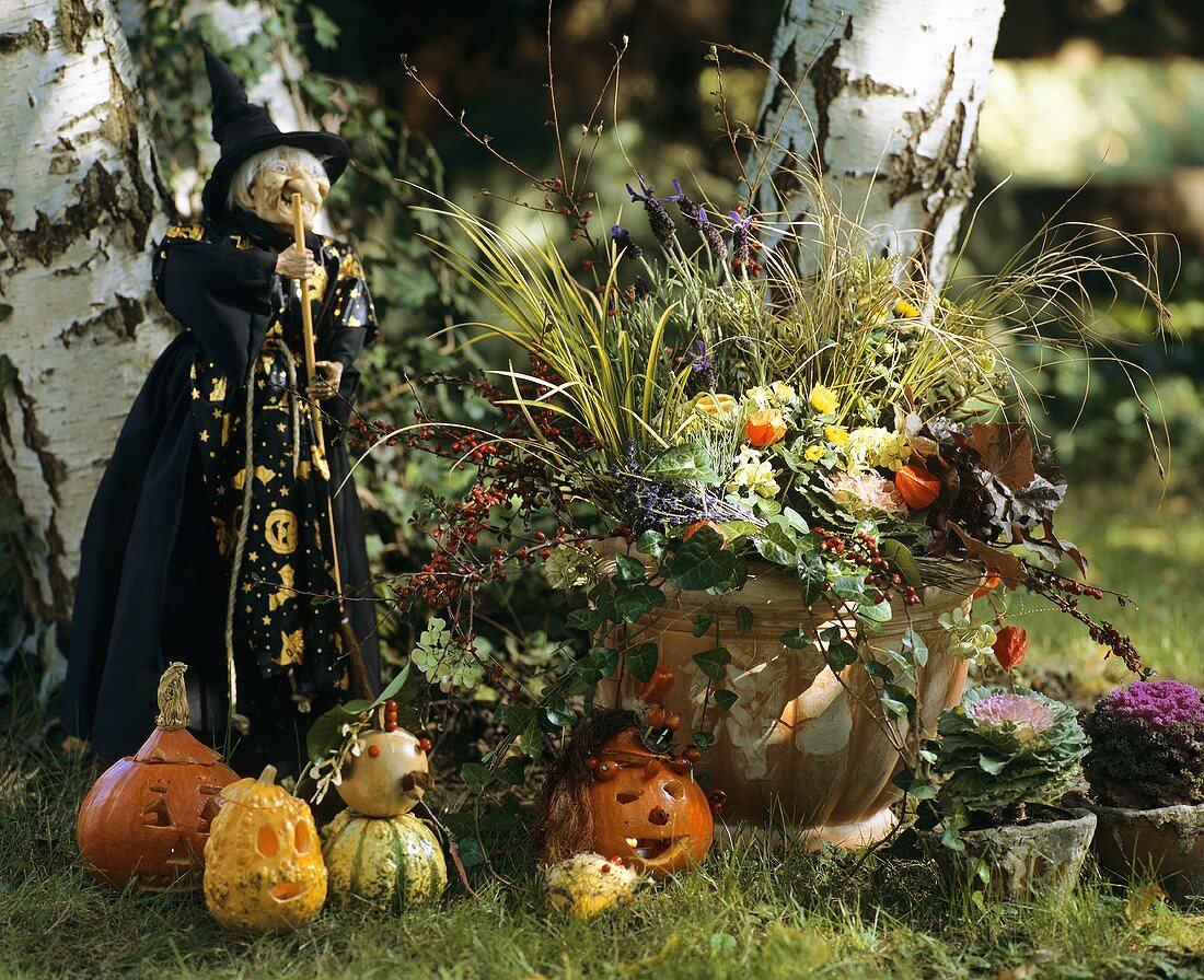 A garden decorated for Halloween