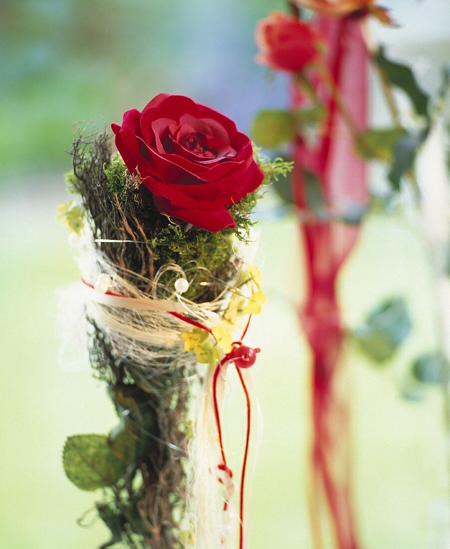 Red rose wrapped in moss and sisal